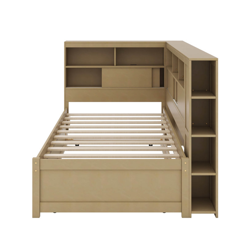 Twin Wood Daybed With Shelves And Trundle, Natural
