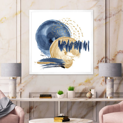 «Dark Blue and Gold Abstract Circle Ocean Texture», peinture sur toile à cadre flottant