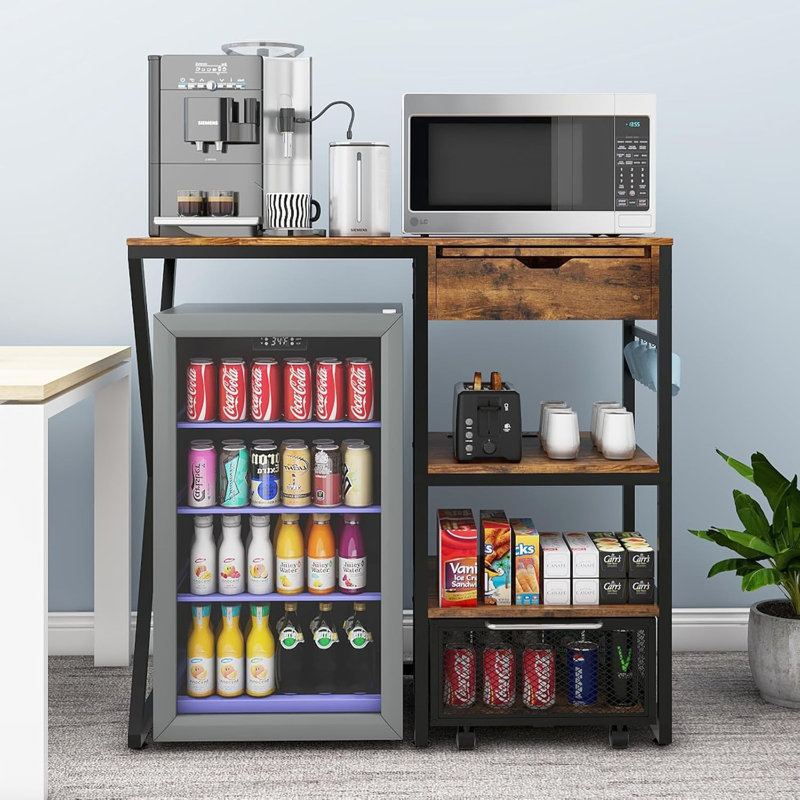 Mini Fridge Cabinet,Refrigerator shelves with Power Outlet and Multi-layer storage compartments, Brown
