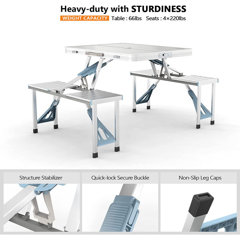 4Ft Folding Camping Picnic Table With Seats/Umbrella Hole-265 Lbs Support That Lightweight And Fold Up Card Suitcase Table Aluminum Alloy Frame, RV Tabletop With Soft Handle