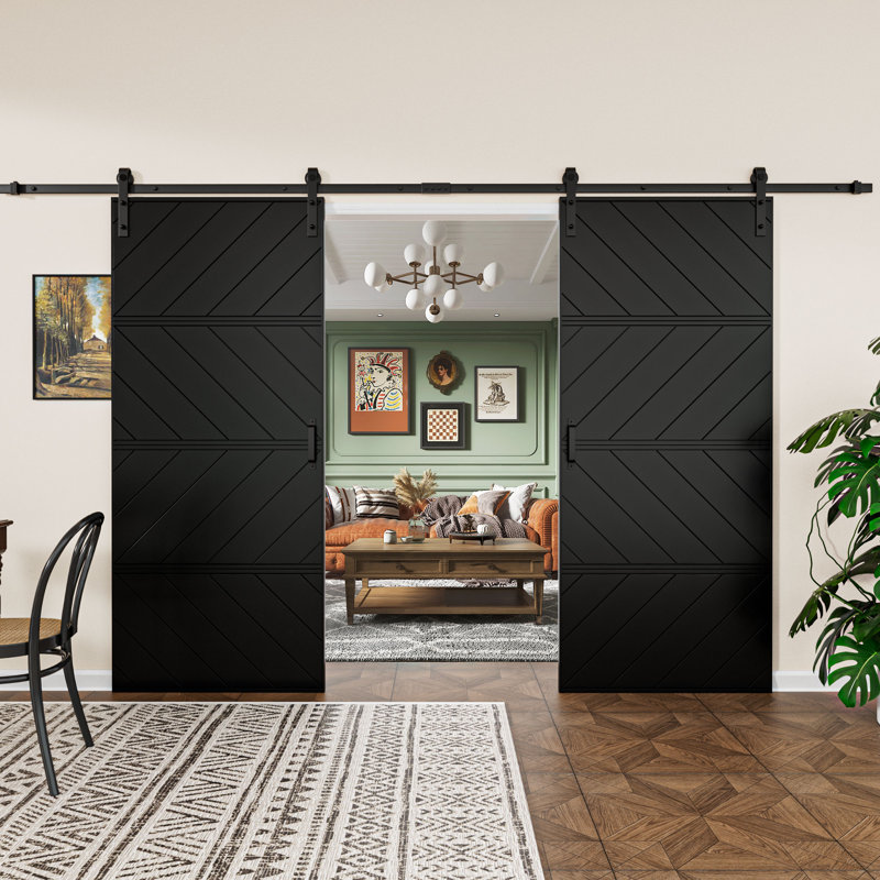 Porte de grange coulissante double 72 "x 84" noire à conception moderne avec ensemble de quincaillerie d'installation (assemblage facile)