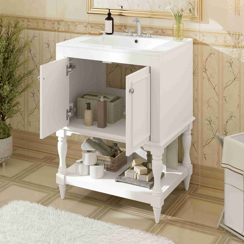 Meuble-lavabo de salle de bain avec rangement, Argent, Blanc