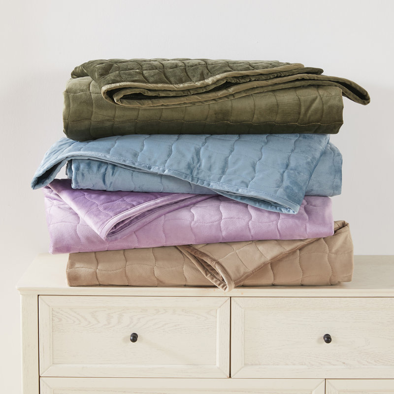 Twin Blue Velvet Polyester Box-Stitched Quilt Set