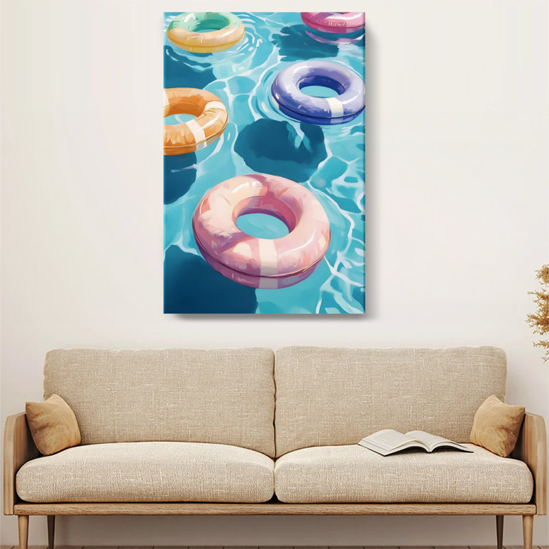 Impressionistic 'Colourful Inflatable Pool Rings' Wrapped Canvas Print