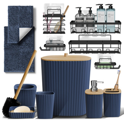 Complete 13 Piece Bathroom Accessory Set with Bamboo Accents, Trash Can, Toilet Brush, 2 Bath Rugs & 5 Shower Caddies Included