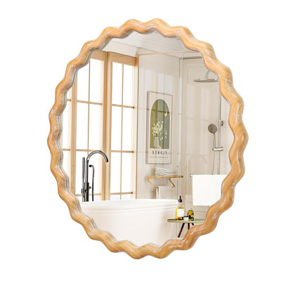 27.5 Inches Round Wavy Wall Mirror For Bathroom Vanity, Wooden Farmhouse Circle Mirrors For Bedroom, Entryway, Living Room, Kithen Whitewash Edge Decorative Mirror For Home, Office