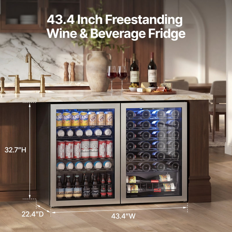 Freeatanding Wine Beverage Cooler Combo 46 Bottle & 155 Cans Wine Beverage Fridge with Reversible Door 3-Color LED Light Adjust Shelves(2 units)