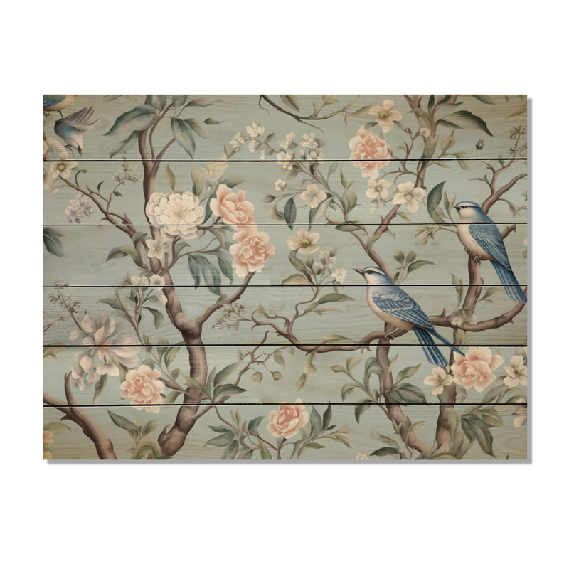 Minimalisme, oiseau sur fleurs II, impression sur bois, H 30 po x l 40 po x P 0,78 po