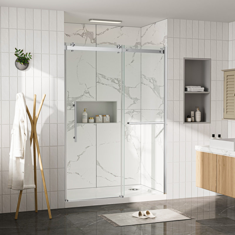Porte de douche coulissante simple sans cadre de 56 à 60 po x H 75 po avec verre trempé de 1/4 po, fermeture en douceur et certification Sgcc