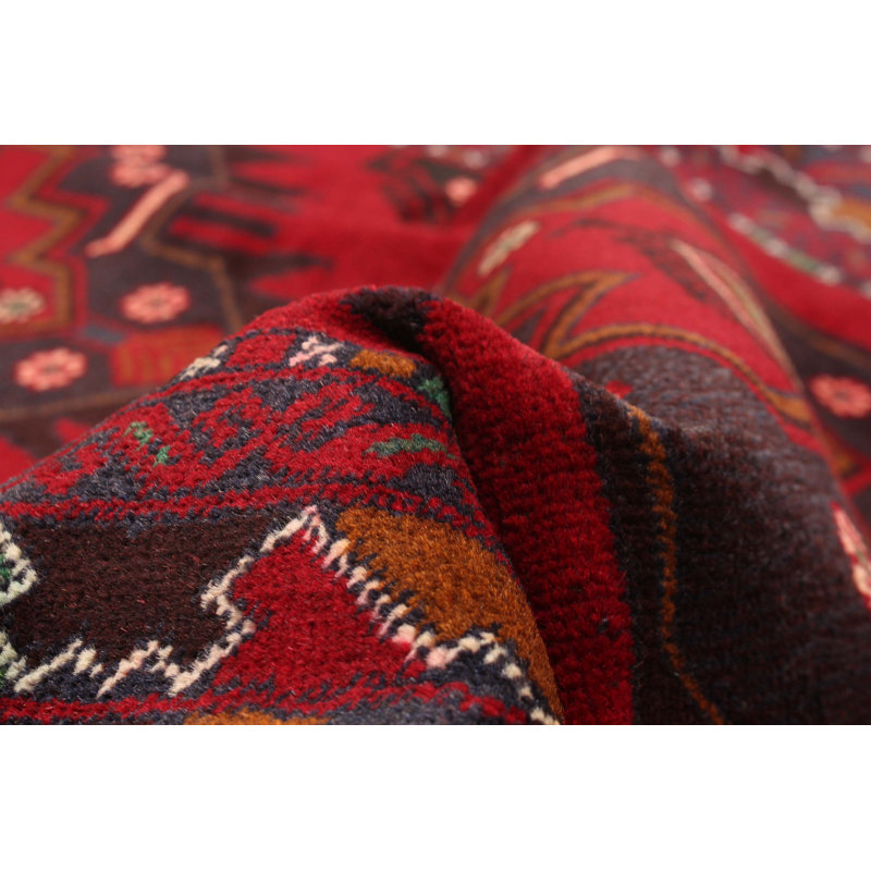 Tapis rouge foncé en laine noué à la main de conception unique 3 pi 11 po x 7 pi 0 po Teimani