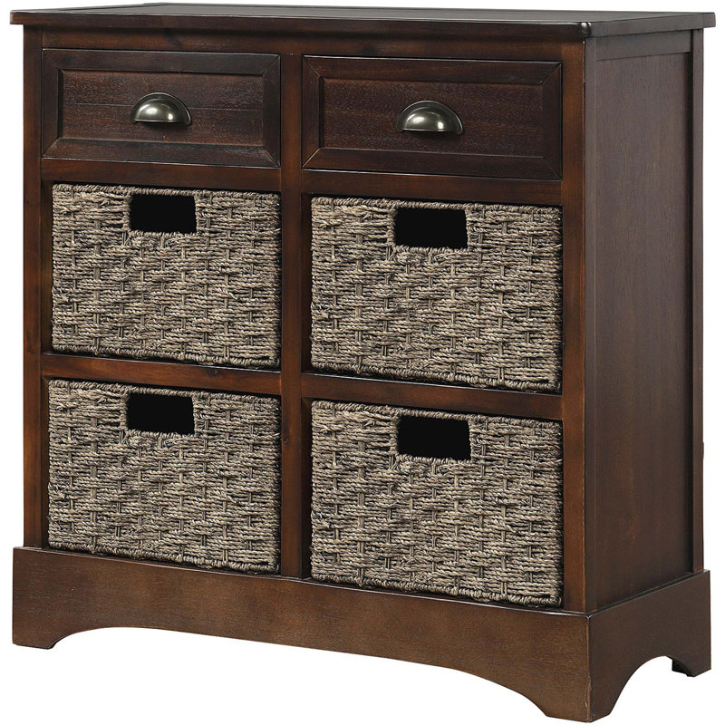 Rustic Storage Cabinet, 2 Drawers & 4 Rattan Baskets, Farmhouse Style, Espresso