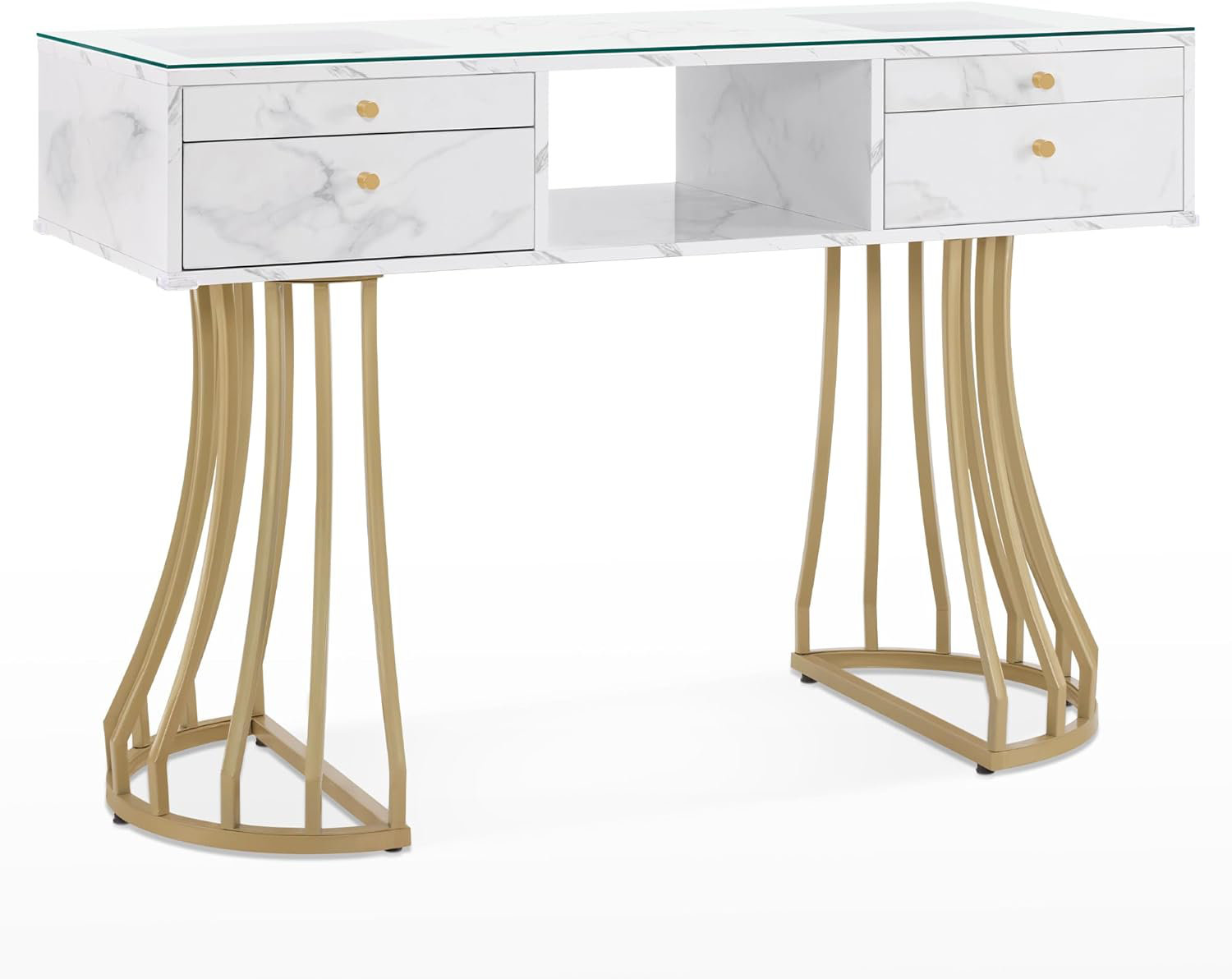 Mercer41 Deshawn Modern Manicure Table with Glass Top, Metal Frame, Vanity Makeup Desk | Wayfair