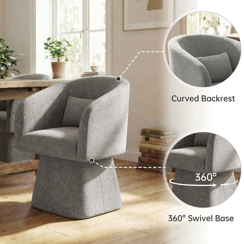 Swivel Barrel Accent Chair, Soft Chenille-Textured Fabric, 360° Swivel, Deep Cushioned Seat without Pillow, Gray