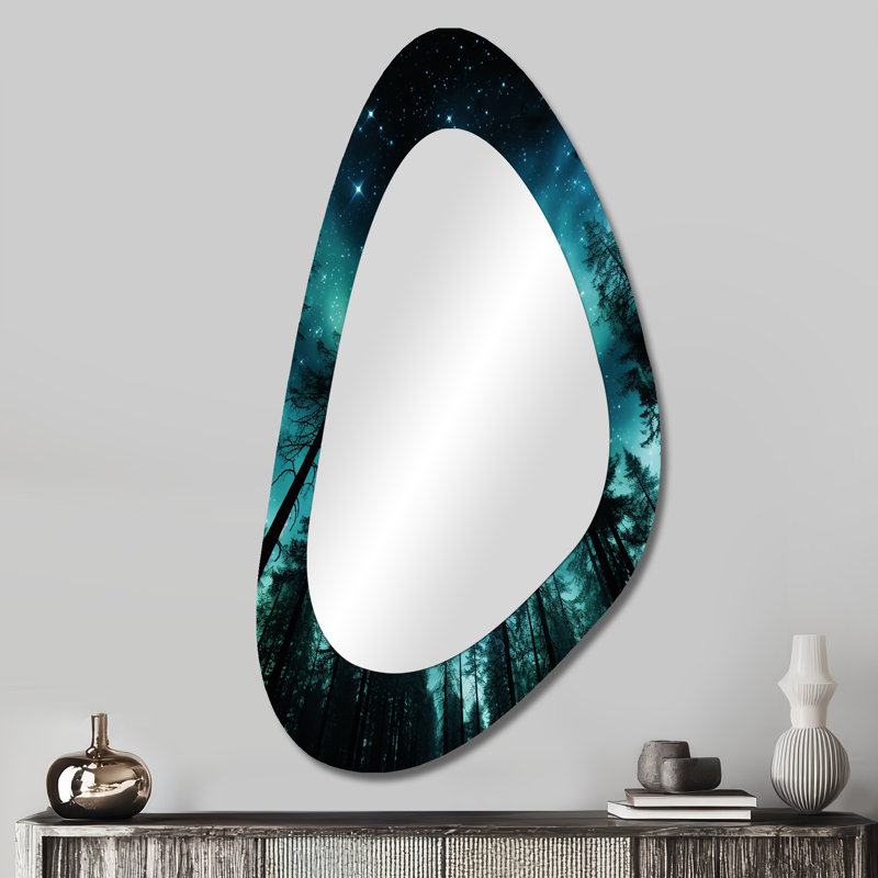 Diep Northern light pine tree forest - Pine Unique Shape Mirror, Green Asymmetrical Decorative Wall Mirror, Printed Metal Art