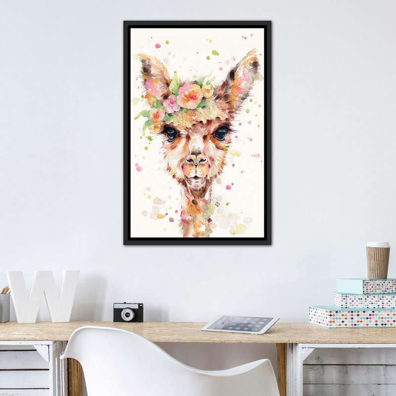 «Little Llama» par Sillier Than Sally - reproduction d'art, Toile avec cadre noir patiné, Pas de tapis