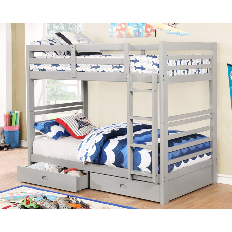 Lit superposé simple moderne au-dessus de gris moderne avec deux tiroirs pour le rangement et une armoire en bois massif avec placage, 10 pièces Lattes en gris, dessous