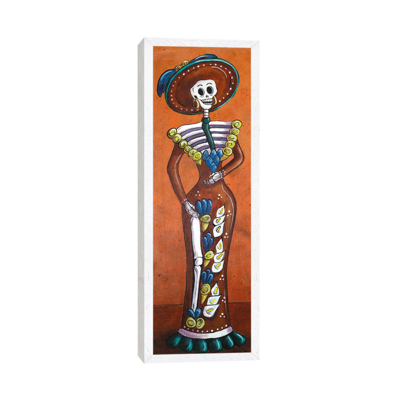 Terracotta Catrina by Candy Mayer - Panoramic Painting on Canvas, White Framed Canvas, 91.44cm H x 20.32cm W x 3.81cm D