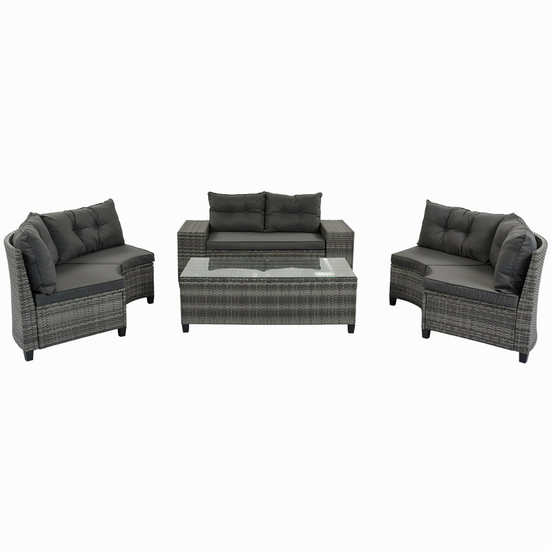Ensemble de canapé rond en osier 8 pièces 8 pièces, ensemble de canapé modulaire demi-lune toutes saisons, ensemble de canapé courbé avec table basse rectangulaire, rotin PE, coussin mobile, gris