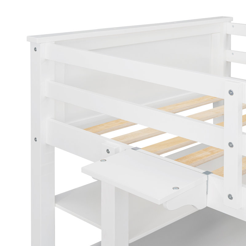 Lit mezzanine simple avec rangement et espace de travail - Bureau fonctionnel en bois massif blanc pour économiser de l'espace