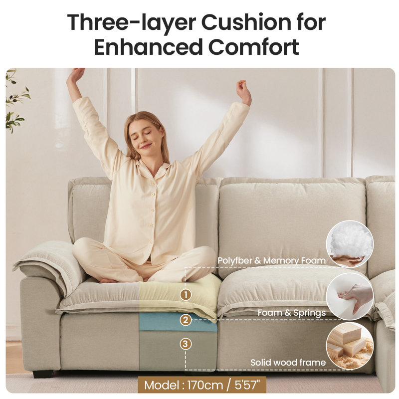 103" Chenille Upholstered Cloud Sofa Modular Sectional Couch 4-Seater L-Shaped Comfy Sofa with Ottoman for Living Room 
