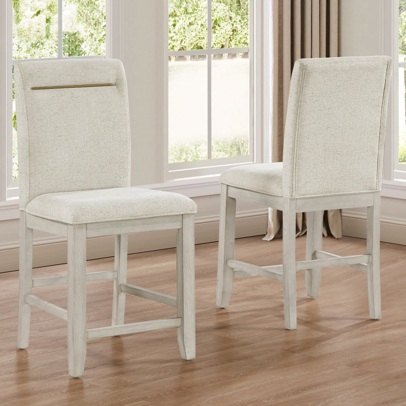 Tabouret de comptoir en bois massif Applegate, Coquille d'oeuf, Lin lavé
