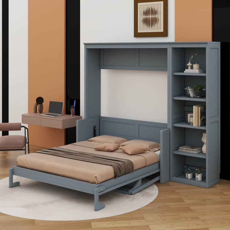 Lit escamotable double pleine grandeur avec bureau intégré et bibliothèque complète, gris