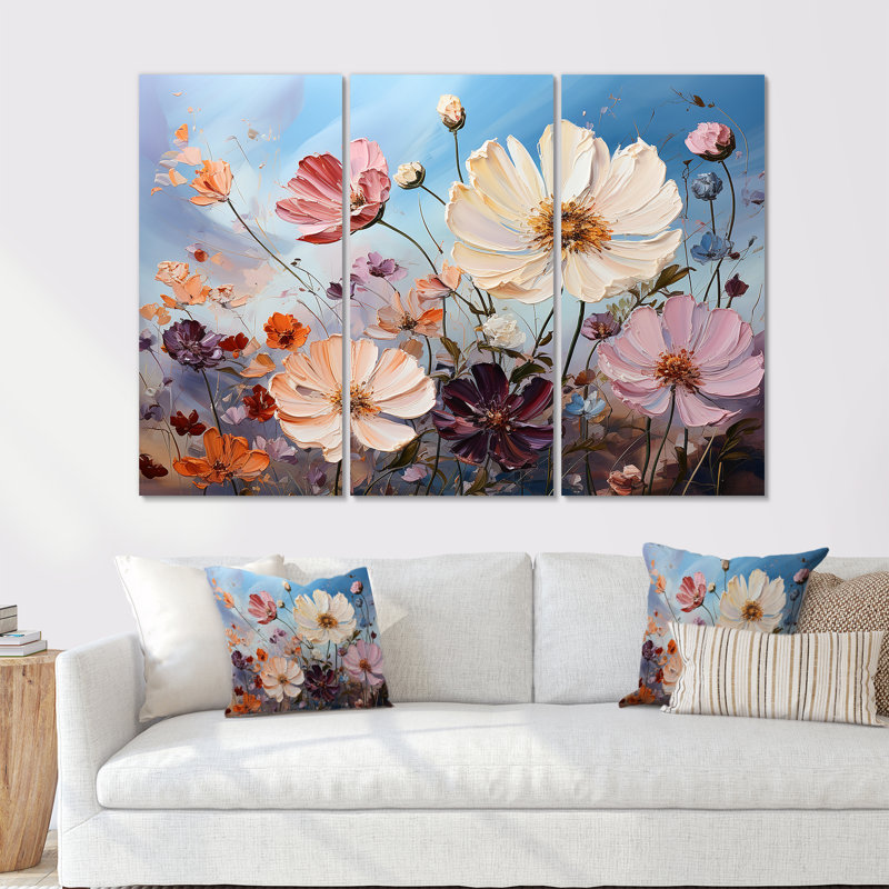 Spatule rose et blanche Zinnias Art I - ensemble de décoration murale champ de fleurs, H 40 po x l 60 po x P 1 po