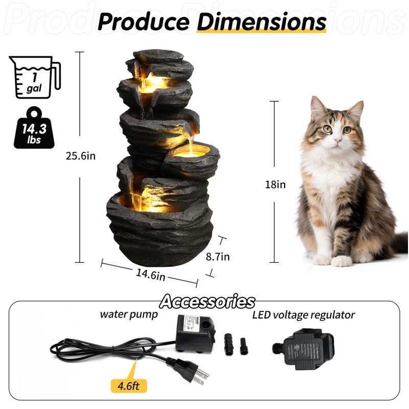 Stacked Rock Resin Outdoor Waterfall Fountain with LED Lights, Cascading Water Feature Decor for Patio, Yard, Porch & Landscape