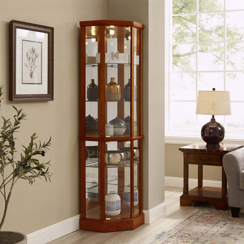 Vitrine de coin lumineuse à 6 tablettes avec tablettes en verre trempé, Chêne