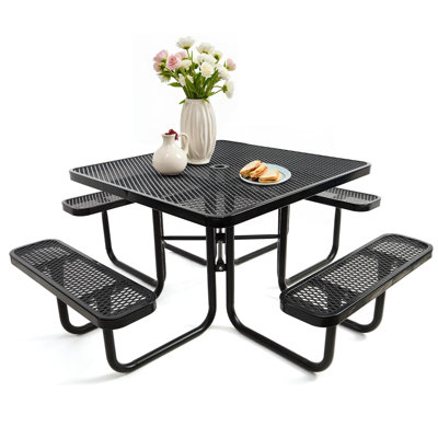 Table de pique-nique robuste en acier enduit, table d'extérieur en métal de qualité commerciale avec trou pour parasol
