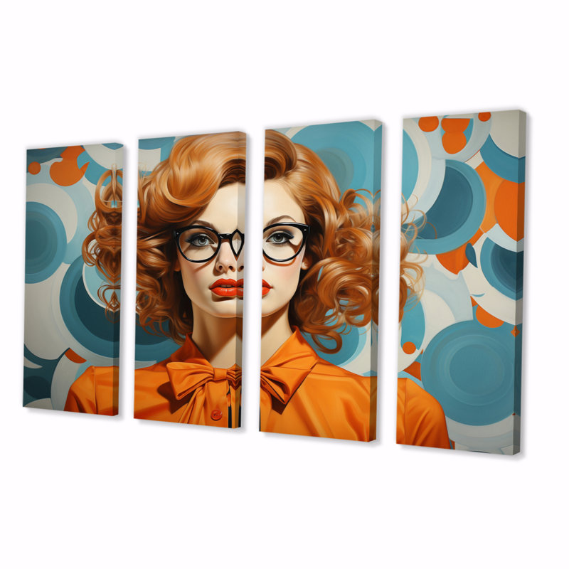 «Orange Mid Century Retro Portraits IV» sur toile, reproduction de 4 pièces
