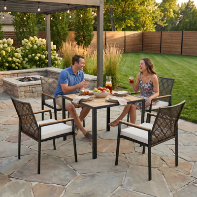 All Weather 5-Piece Patio Dining Set, PE Rattan Outdoor Furniture with Acacia Wood Tabletop & Built-In Umbrella Hole for Backyard Poolside Garden, Coffee Brown