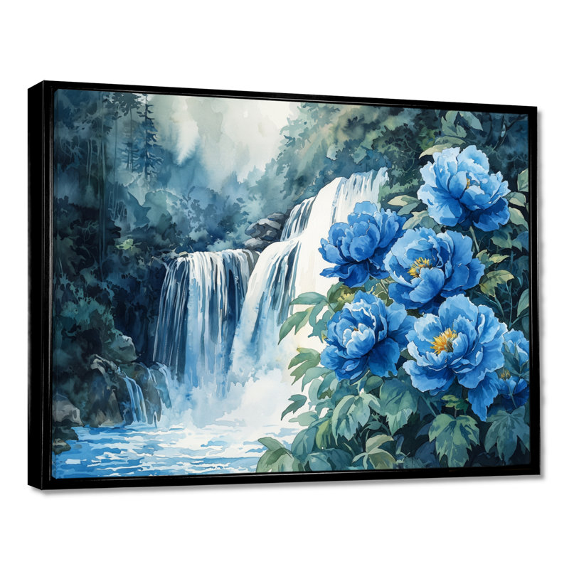 Pivoines par la cascade V - art mural pivoines, H 16 po x l 32 po, Reproduction avec cadre flottant, Noir