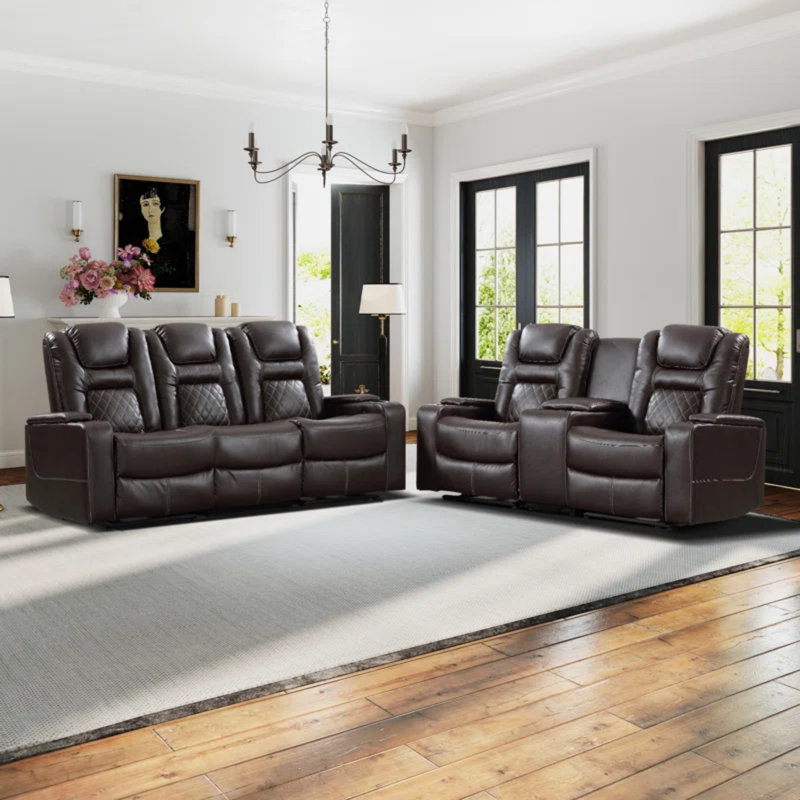 Ensemble de salon 2 pièces en cuir Vegan de qualité supérieure avec port USB, porte-gobelets et console Almida, Brun