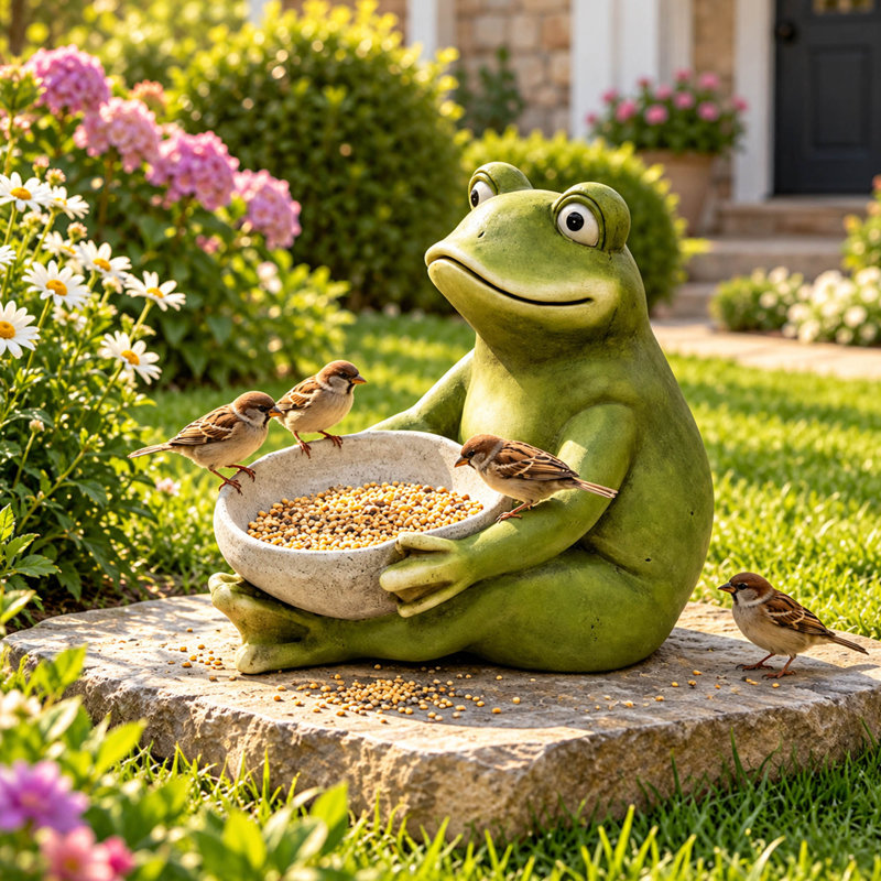 Statue grenouille verte 15 po avec bol pour décoration de jardin extérieur et alimentation des oiseaux
