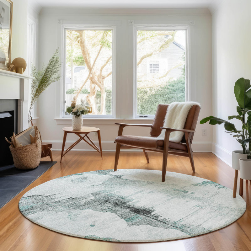 Premium Machine Washable Prisco Teal Rug, Round 8'