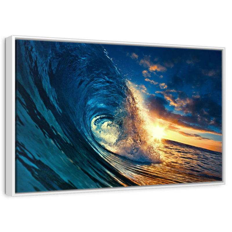 Vague de coucher de soleil océan, 46 po x 31 po, Cadre flottant blanc