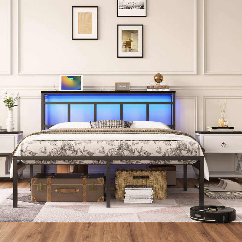 Structure de lit plateforme 14 po en métal avec tête de lit, USB-C, lumière DEL - noir moderne, Lit double