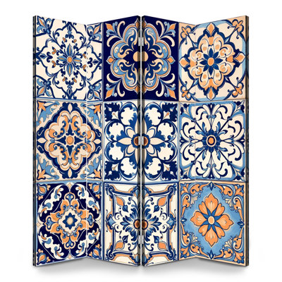 Paravent mexicain à 4 panneaux mexicains avec carreaux de céramique à motif floral complexe et séparateur de cloison autoportant