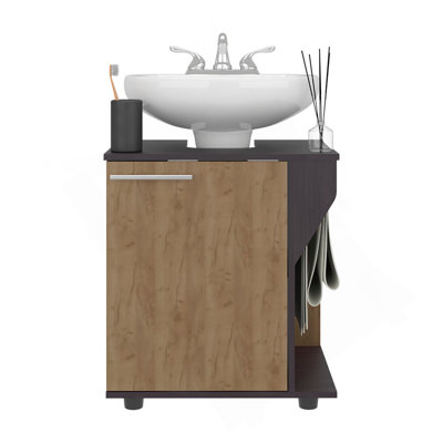 Rangement sous l'évier: H 24,8 po, 1 porte, 2 tablettes, 4 pieds, chêne naturel / wengé noir - Salle de bain