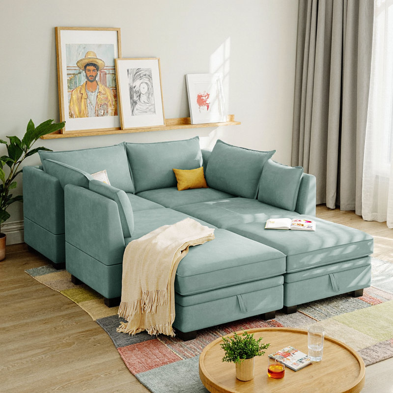 115" U-Shape Modular Sectional Sofa Bed | Light Green Linen, 6 Hidden Storage Seats + Reversible Chaise, Convertible Sleeper, 220 lb/Seat