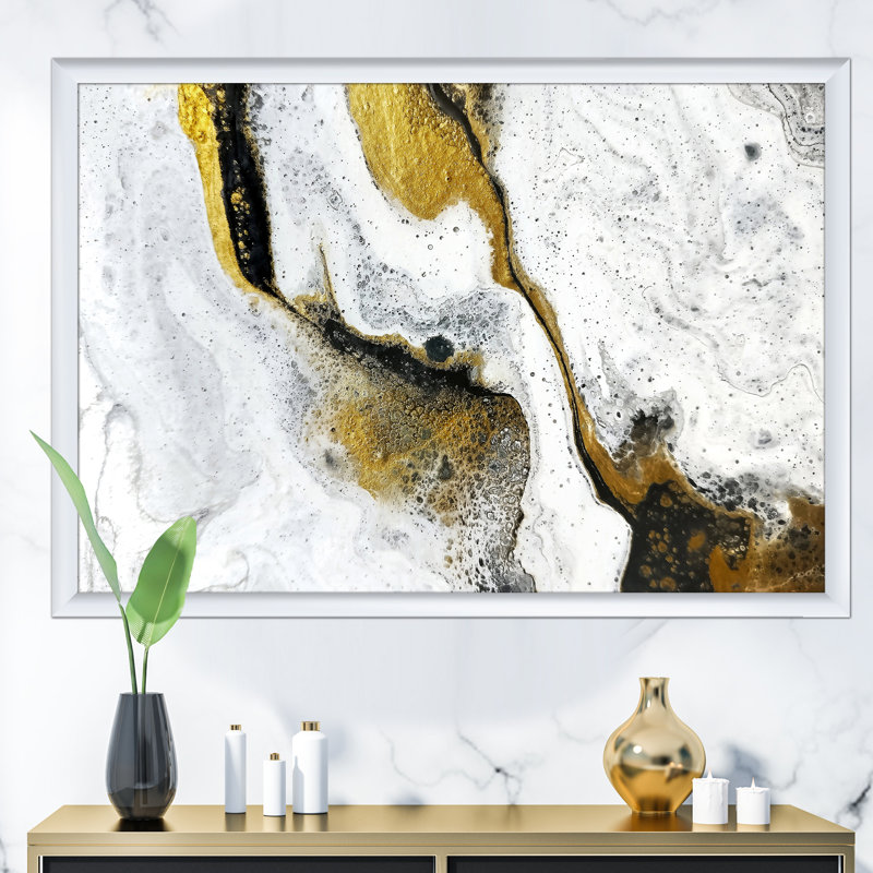 Or et noir sur marbre acrylique blanc - reproduction d'art sur toile, H 30 po x l 40 po x 1,5 po, Cadre flottant noir