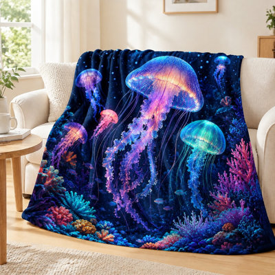 1Pcs Jellyfish Ocean Print Flannel Blanket – Vivid Underwater Scene, Bioluminescent Design, Soft and Cozy, Machine Washable, Perfect for Bedroom Living Room Decor, Ideal Gift Marine Life Enthusiasts. Bedding and sofa items