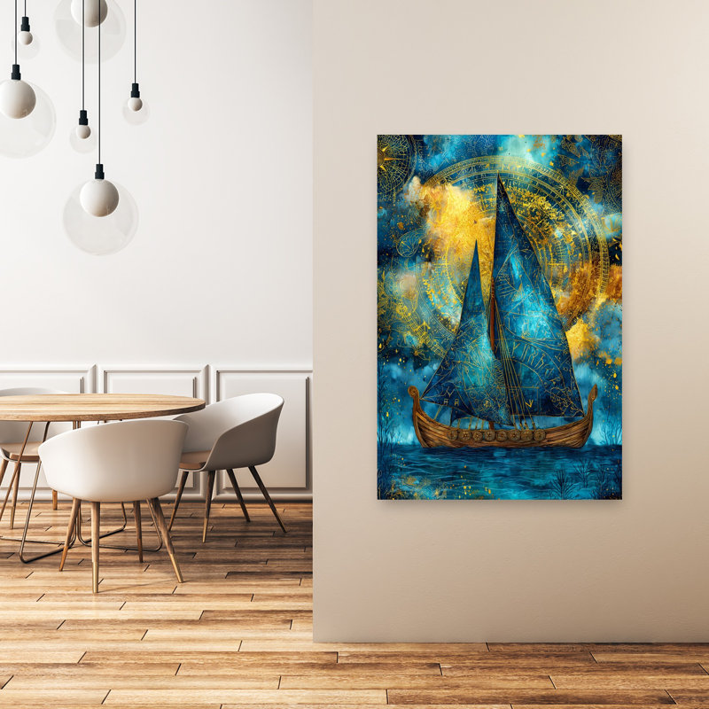 «Mystic Blue Viking Ship Dreamy Ethereal Mystical Rose Ocean Landscape», art mural, H 48 po x l 32 po