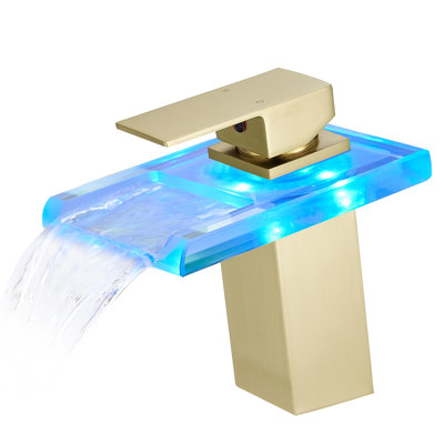 Brushed Gold Bathroom Faucet, Led 3 Colors, Hot Cold Water Mixer, Deck Mounted, Single Hole, Waterfall Spout One Hole Mount Spout,
