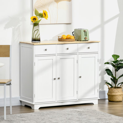 Armoire de rangement blanche avec comptoir en bois massif, 3 tiroirs, portes et tablette réglable pour unité de cuisine - portes, organisées