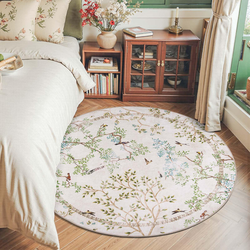 Floral Rug Botanical Birds Print Nature Plants Washable Non-slip Natural Ivory, Round 6', Ivory