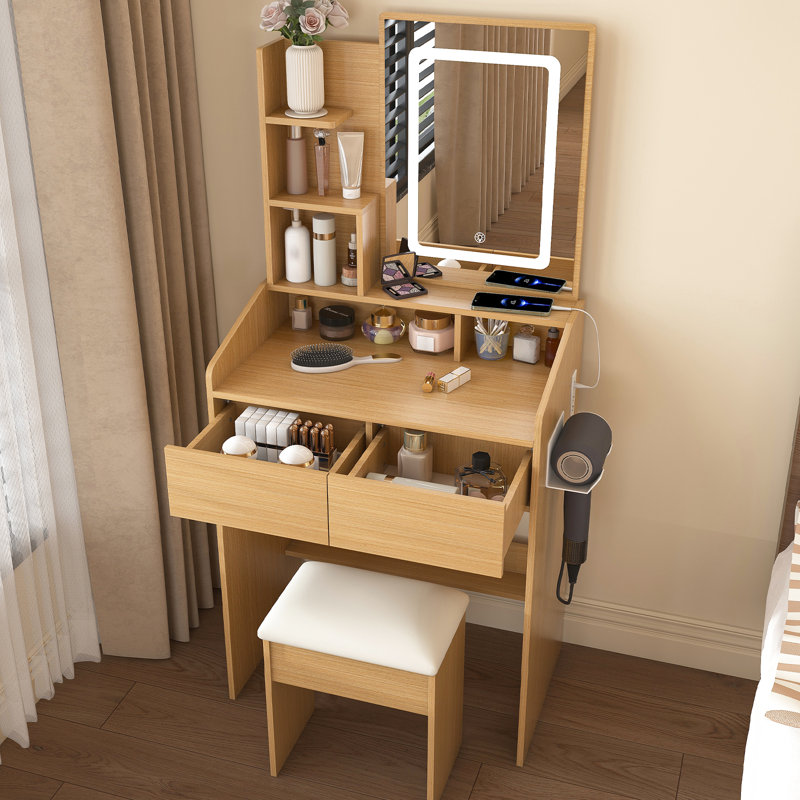 Vanity Table With Led Mirror, Power Outlet, And Hairdryer Holder - Space For Bedroom, Smart Storage Modern 3-Level Adjustable Lighting, Socket, Stool Compact Design