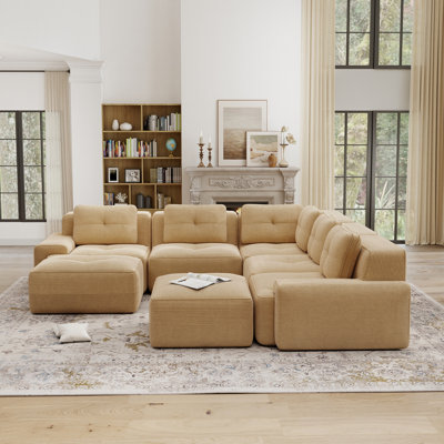116" Modular Sectional Sofa Corduroy 5-Seater V-Shaped Corner Couch with 2 Ottomans for living room and home theater, Camel
