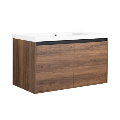 Meuble-lavabo de salle de bain brun 36 po avec lavabo de comptoir en résine - Armoire à 2 portes